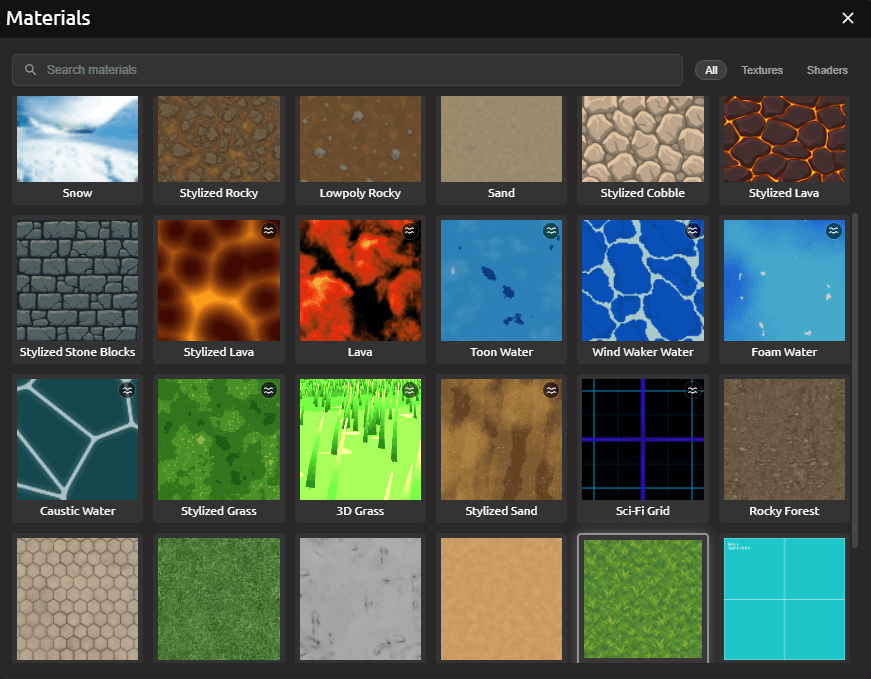 Current Materials browser with the All, Textures, and Shaders filters