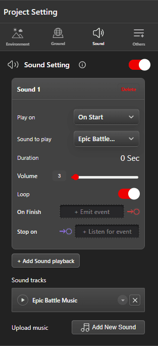 Current Sound tab in Project Setting with one sound playback entry