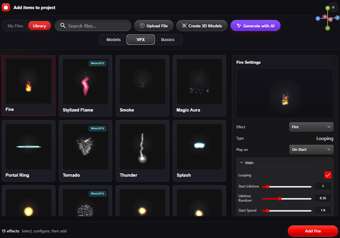 Current VFX tab in the Add items to project panel