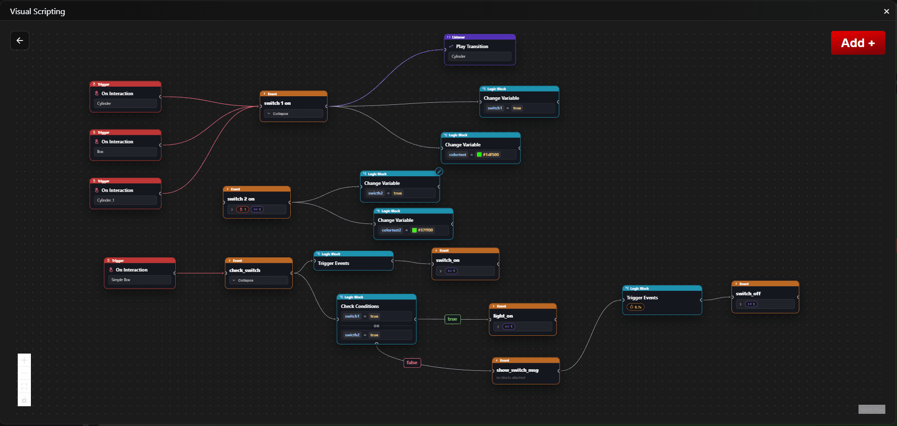 Current Visual Scripting graph with Event and Logic Flow node choices