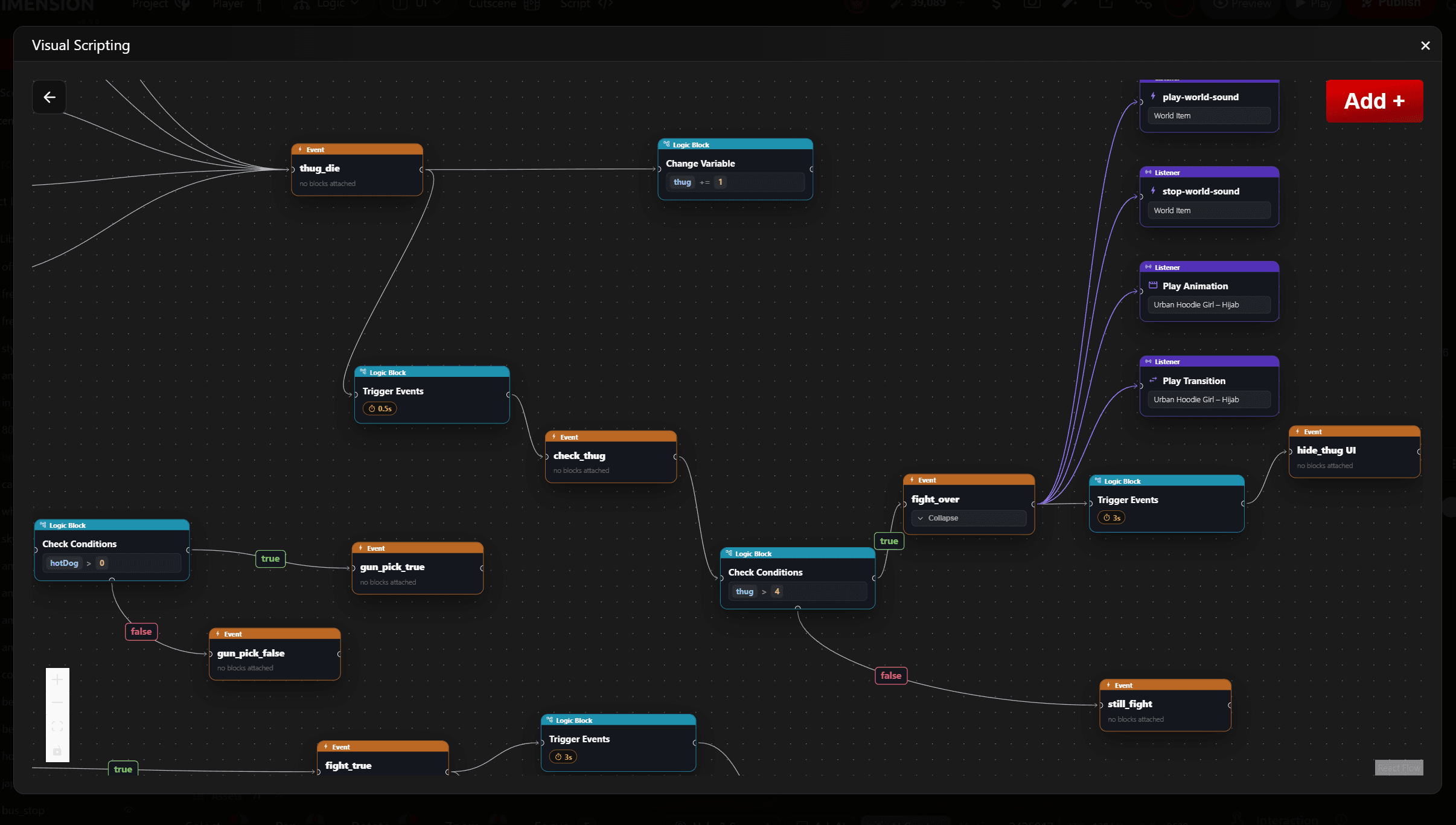 A larger visual scripting graph with events, condition checks branching true and false, timed triggers and listeners