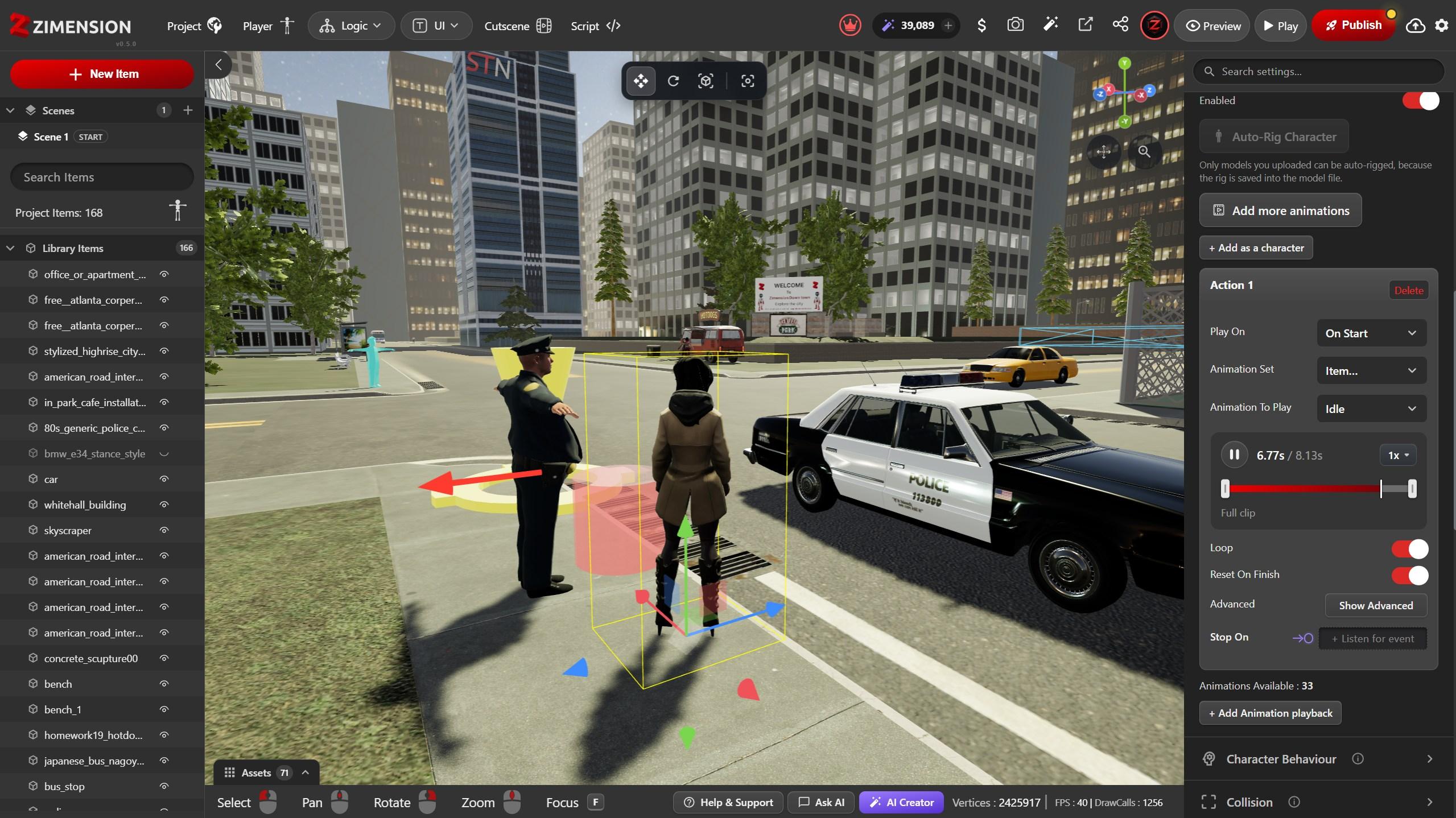 The Zimension editor in a browser: a city street with a police officer, a pedestrian and a police car in the viewport, the item list on the left and the selected character's animation settings on the right