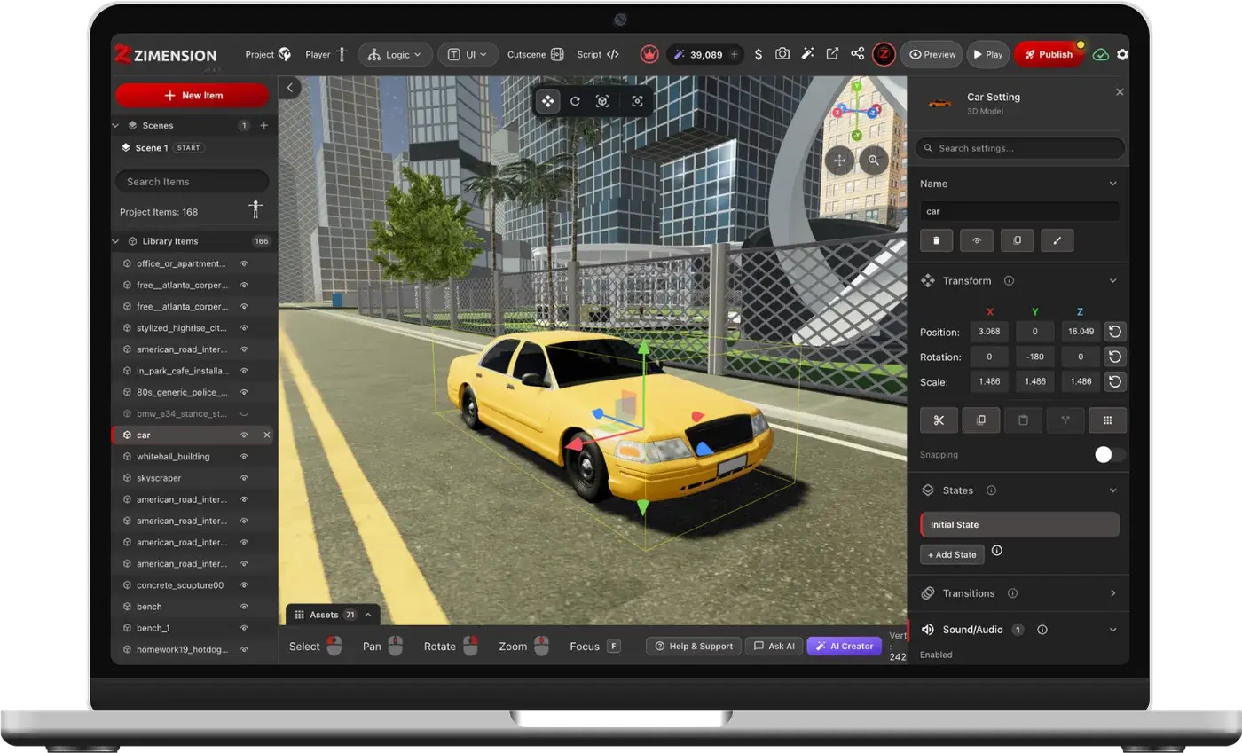 The Zimension editor running in the browser on a laptop, editing a city scene