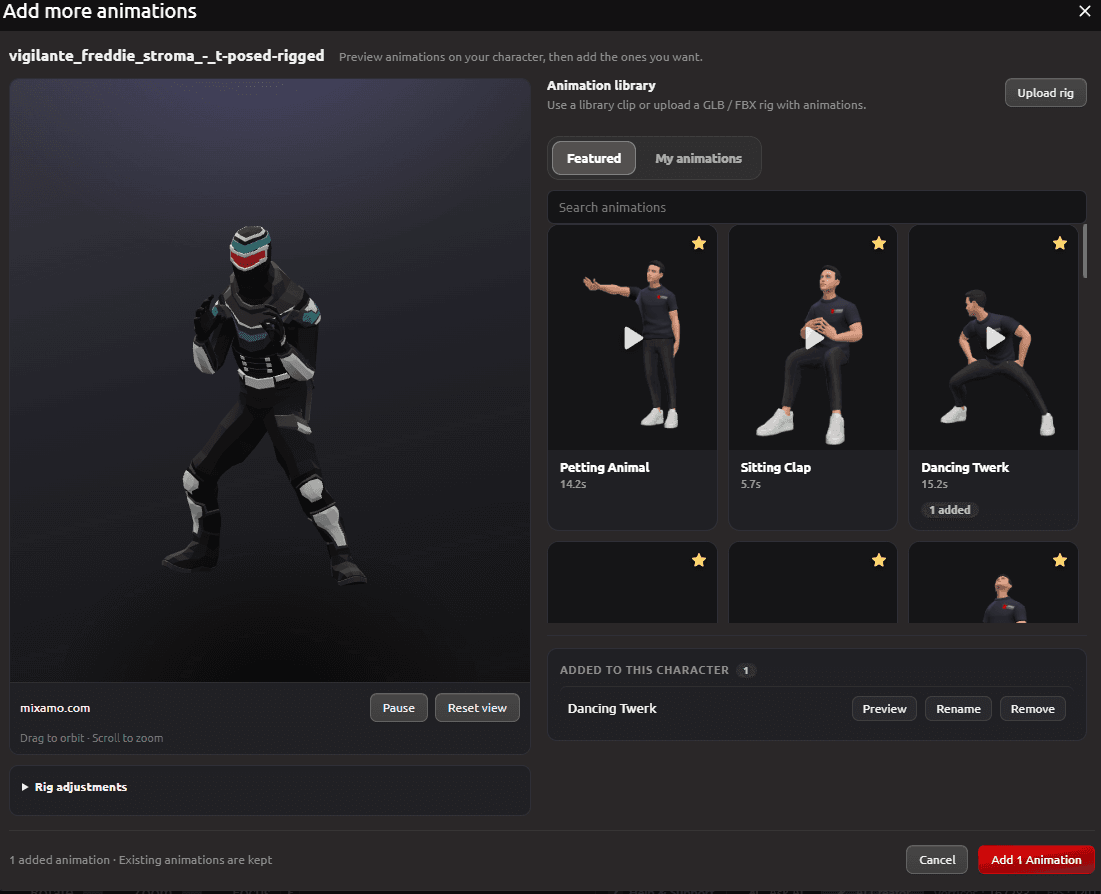 Current Add more animations popup