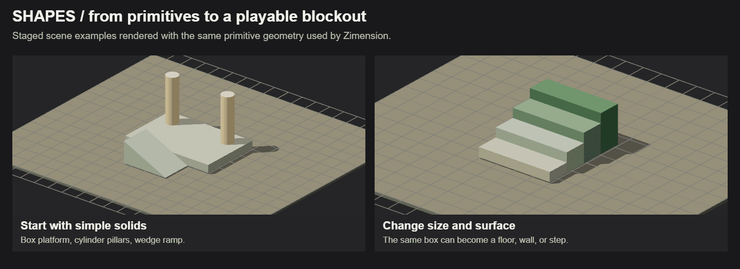 Two 3D scenes built with primitive shapes: a platform with pillars and a ramp, and four steps of increasing height.