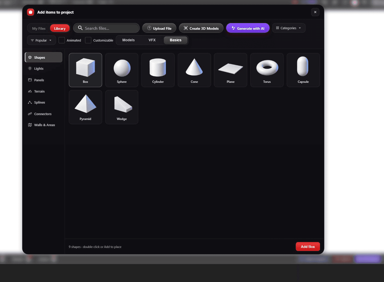 Basics Library with Shapes selected and category icons in the sidebar