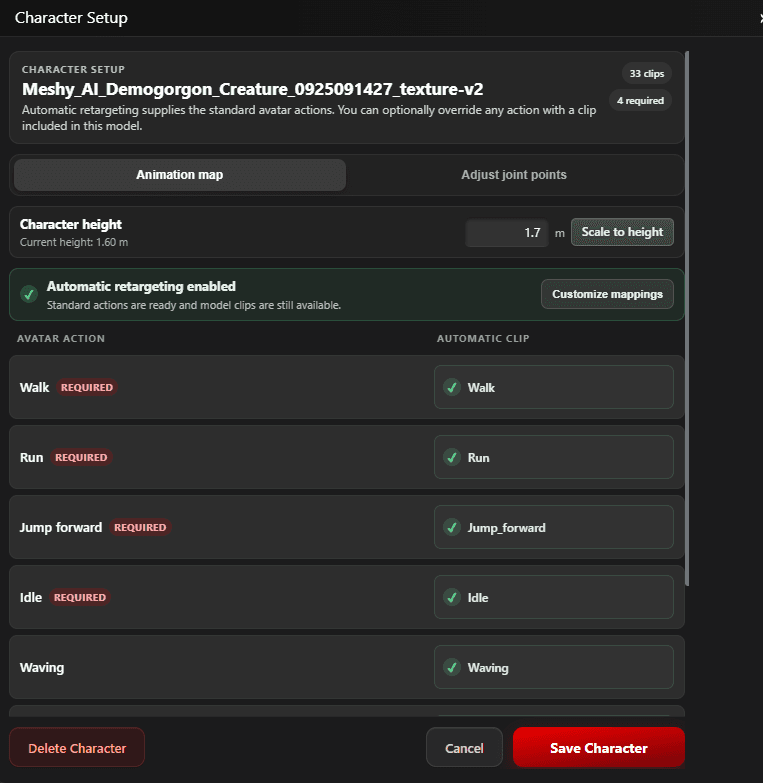 Current Character Setup popup with the animation map