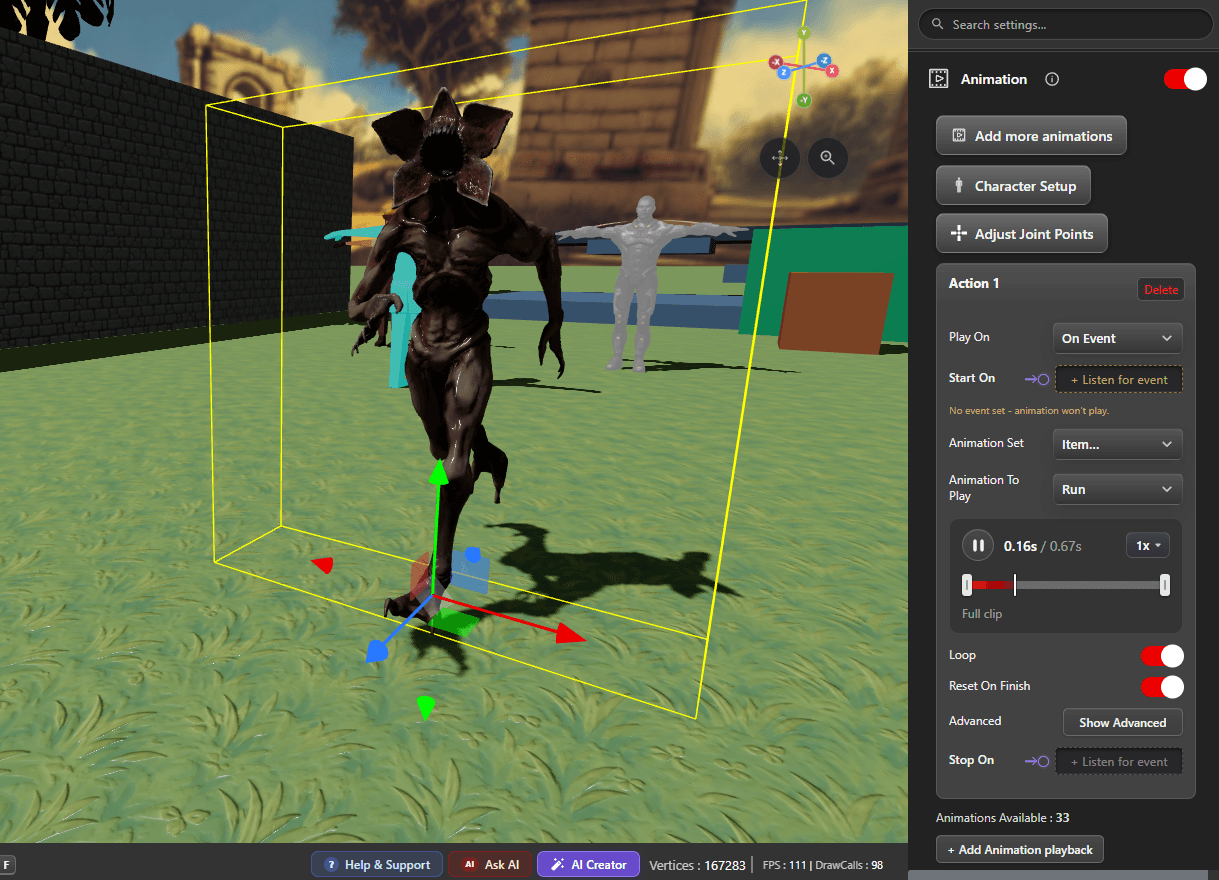 Current Animation section on a character item