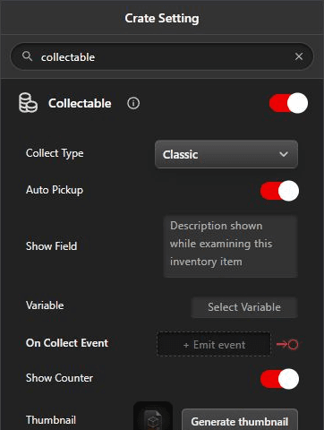 Current item Collectable settings