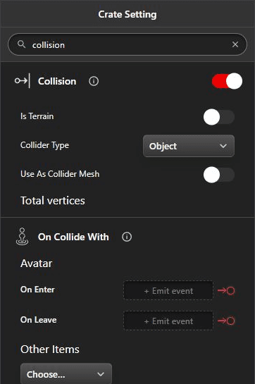 Current item Collision settings