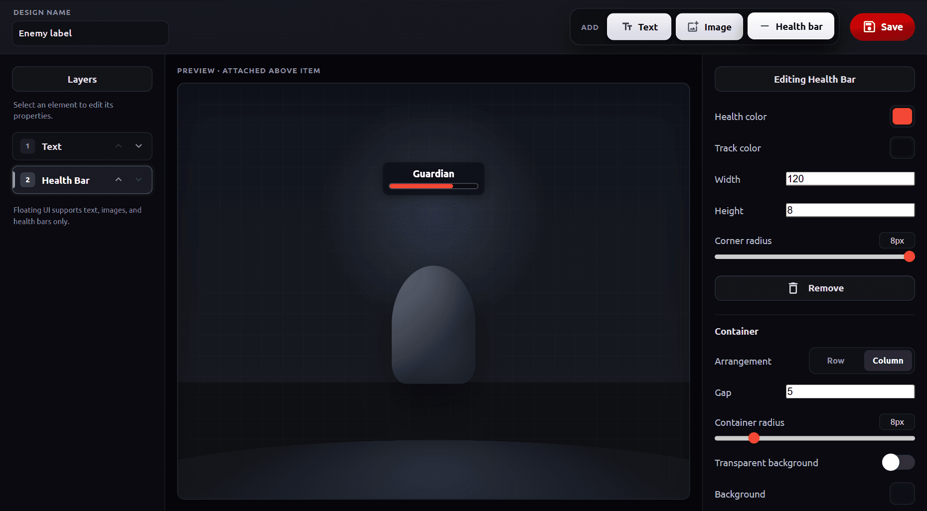 Floating UI editor with a Guardian name label and health bar previewed above an item, the Layers list, and health bar settings