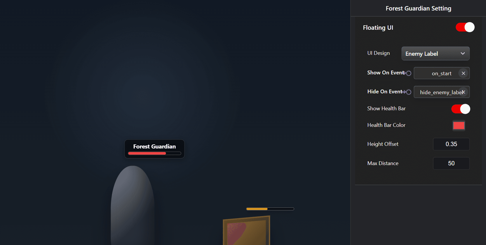A character with a Forest Guardian label and red health bar floating above it, a crate with an orange health bar, and the item's Floating UI settings