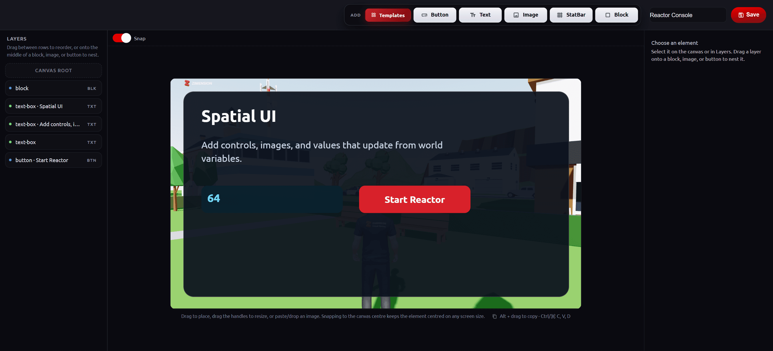 Spatial UI editor with a Reactor Console design containing a title, description, a value bound to a variable, and a Start Reactor button