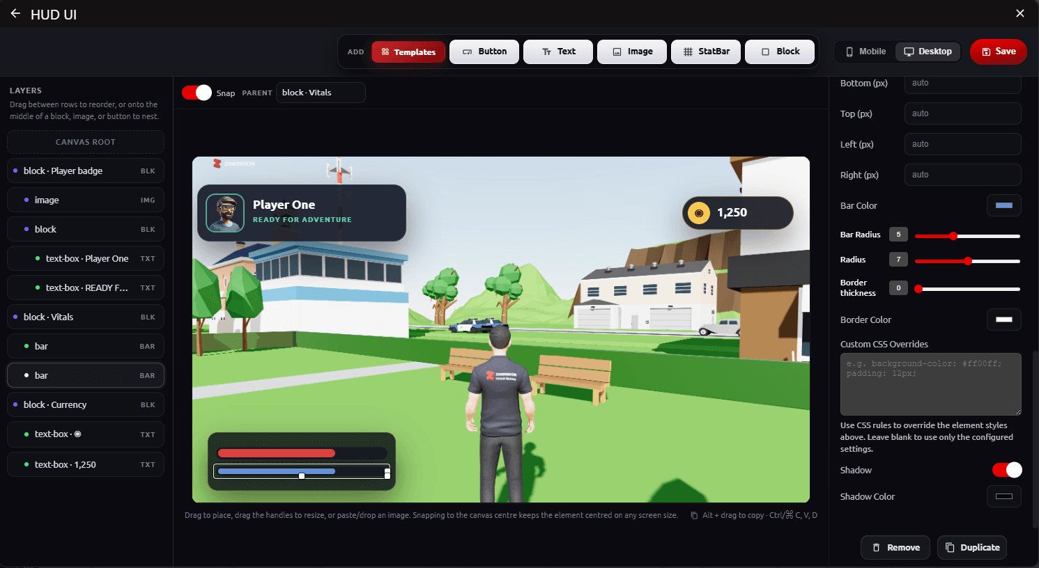 HUD UI editor showing a player badge, a coin counter, and health and energy stat bars over the game view, with the Layers list and stat bar settings