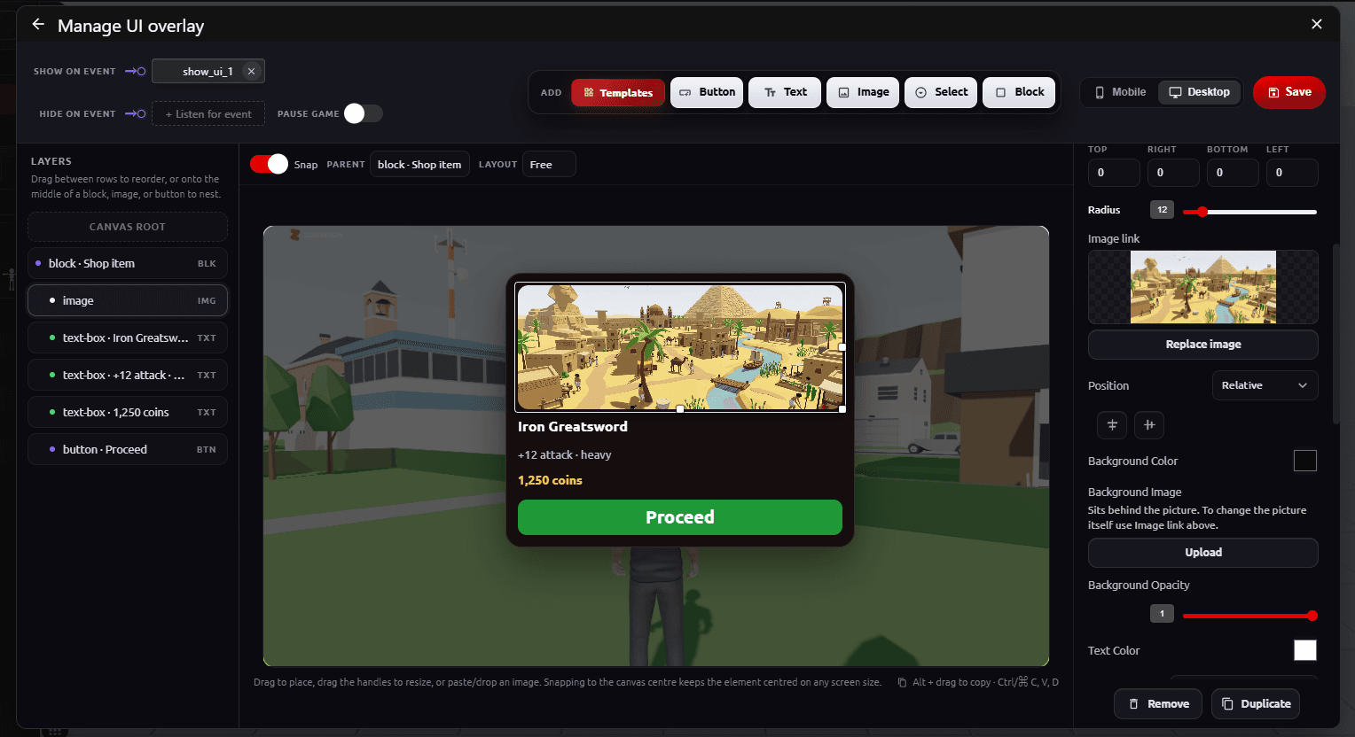 Manage UI overlay editor showing a shop item card with an image, title, price, and Proceed button, the Layers list on the left, and style settings on the right