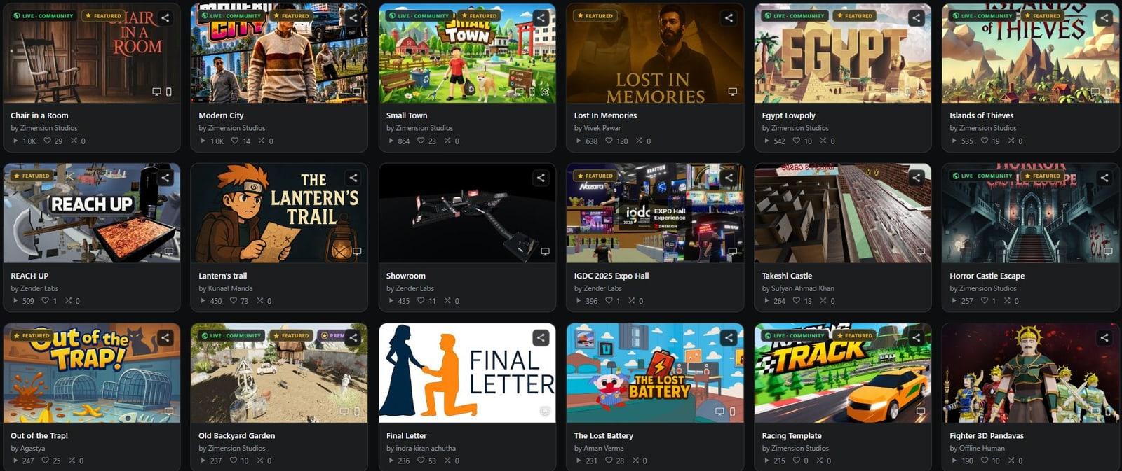 Games published by the Zimension community, including Small Town, Egypt Lowpoly, Lost In Memories and The Lantern's Trail