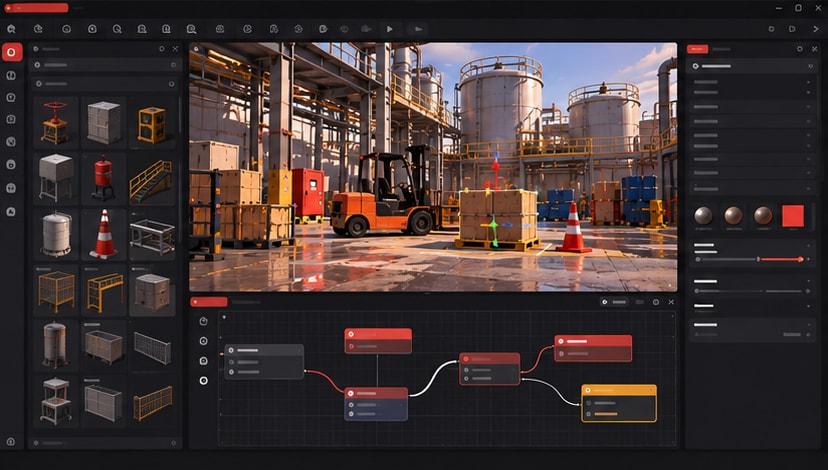 The Zimension editor building an industrial training scene, with the asset library, 3D viewport and logic graph