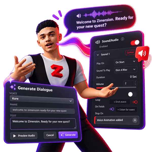 Generate Dialogue creating a voiced line, Welcome to Zimension. Ready for your new quest?, played by a character through the Sound/Audio settings