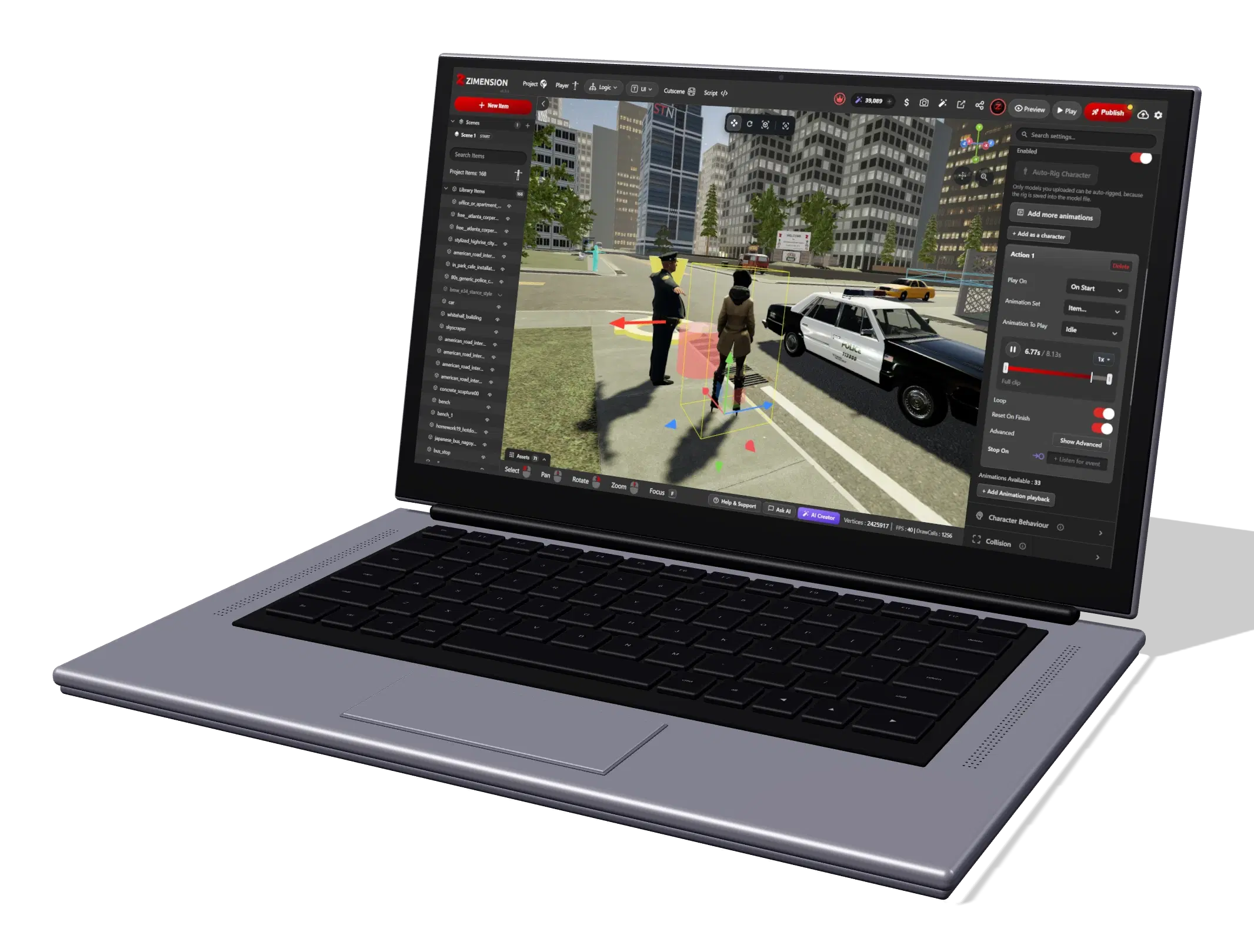 Zimension open on a laptop. The Zimension editor in a browser: a city street with a police officer, a pedestrian and a police car in the viewport, the item list on the left and the selected character's animation settings on the right