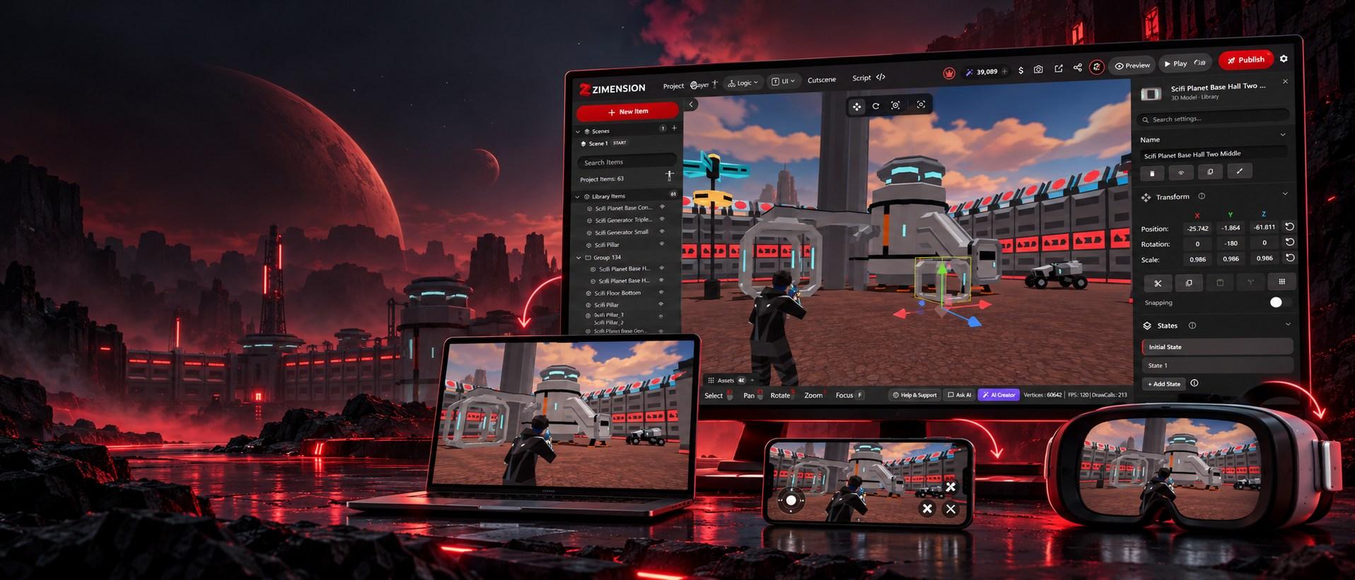 The same Zimension sci-fi game on a monitor running the editor, a laptop, a phone with touch controls and a VR headset