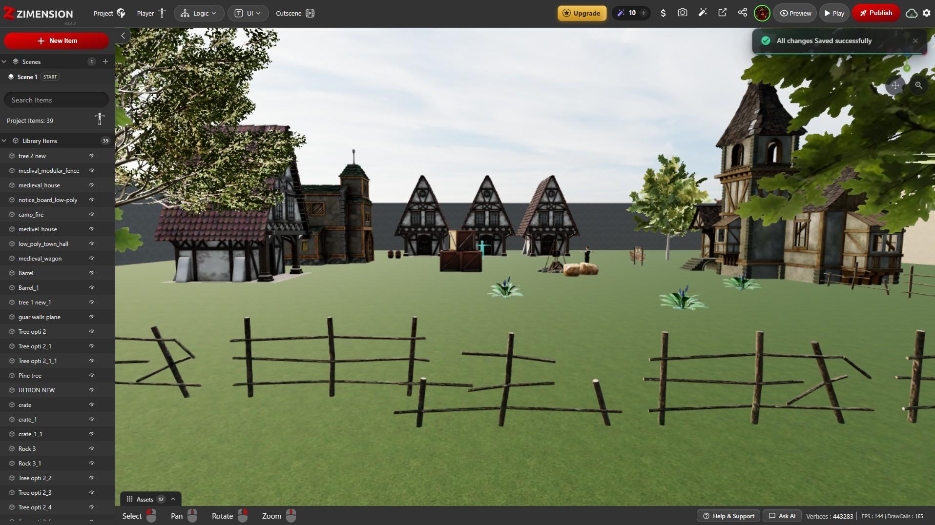 A medieval village scene being assembled in the Zimension editor, with the item list on the left