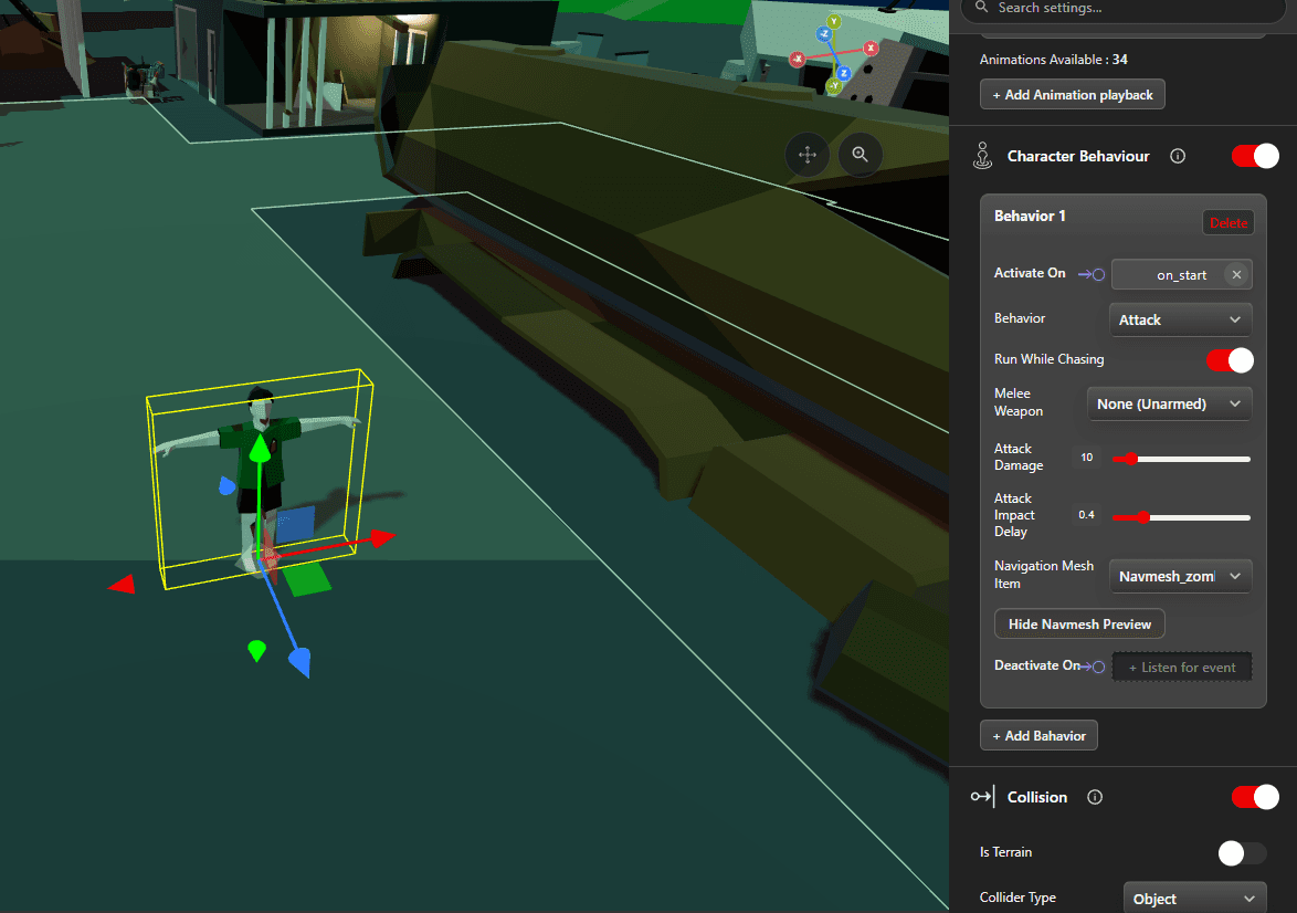 An enemy character selected in the viewport with its Attack behaviour configured in the inspector