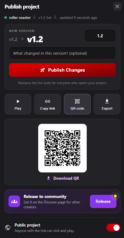 The Publish panel with version number, Publish Changes button, play link and QR code