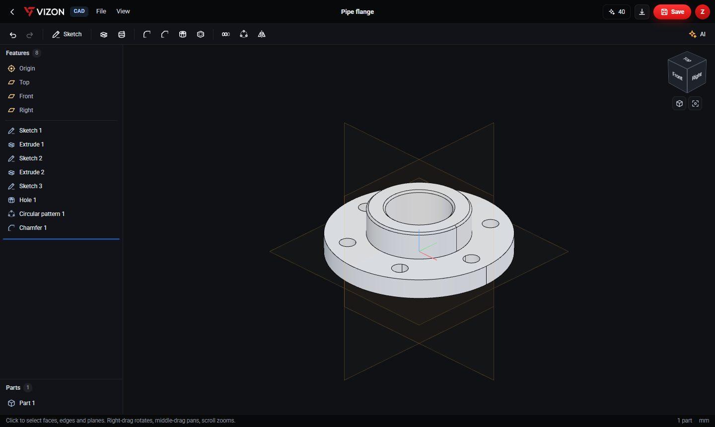 A pipe flange in the VIZON CAD editor with its feature history of sketches, extrudes, a hole and a circular pattern