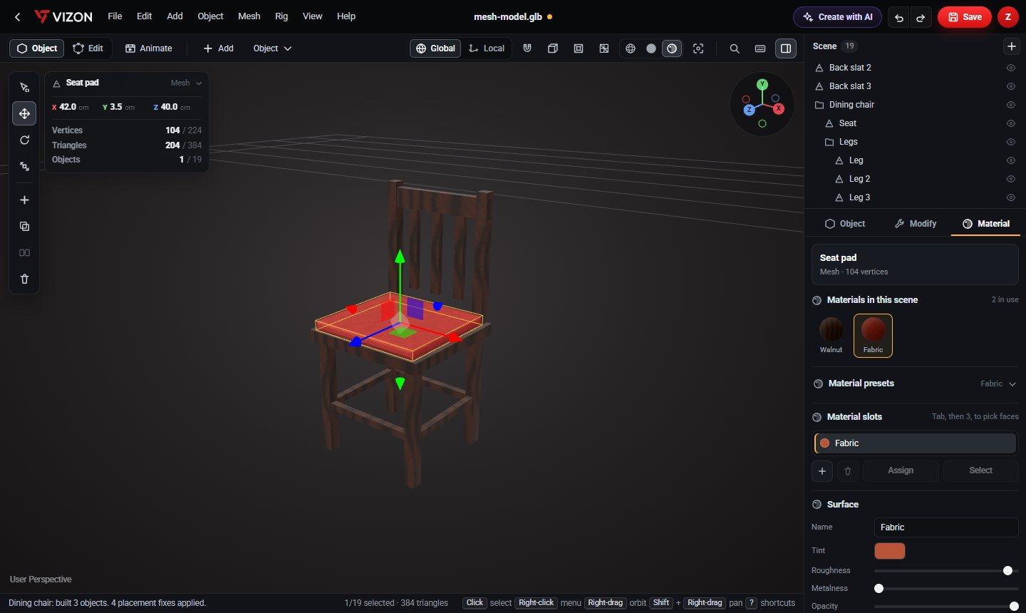 A dining chair in the VIZON modeler with walnut and fabric materials assigned