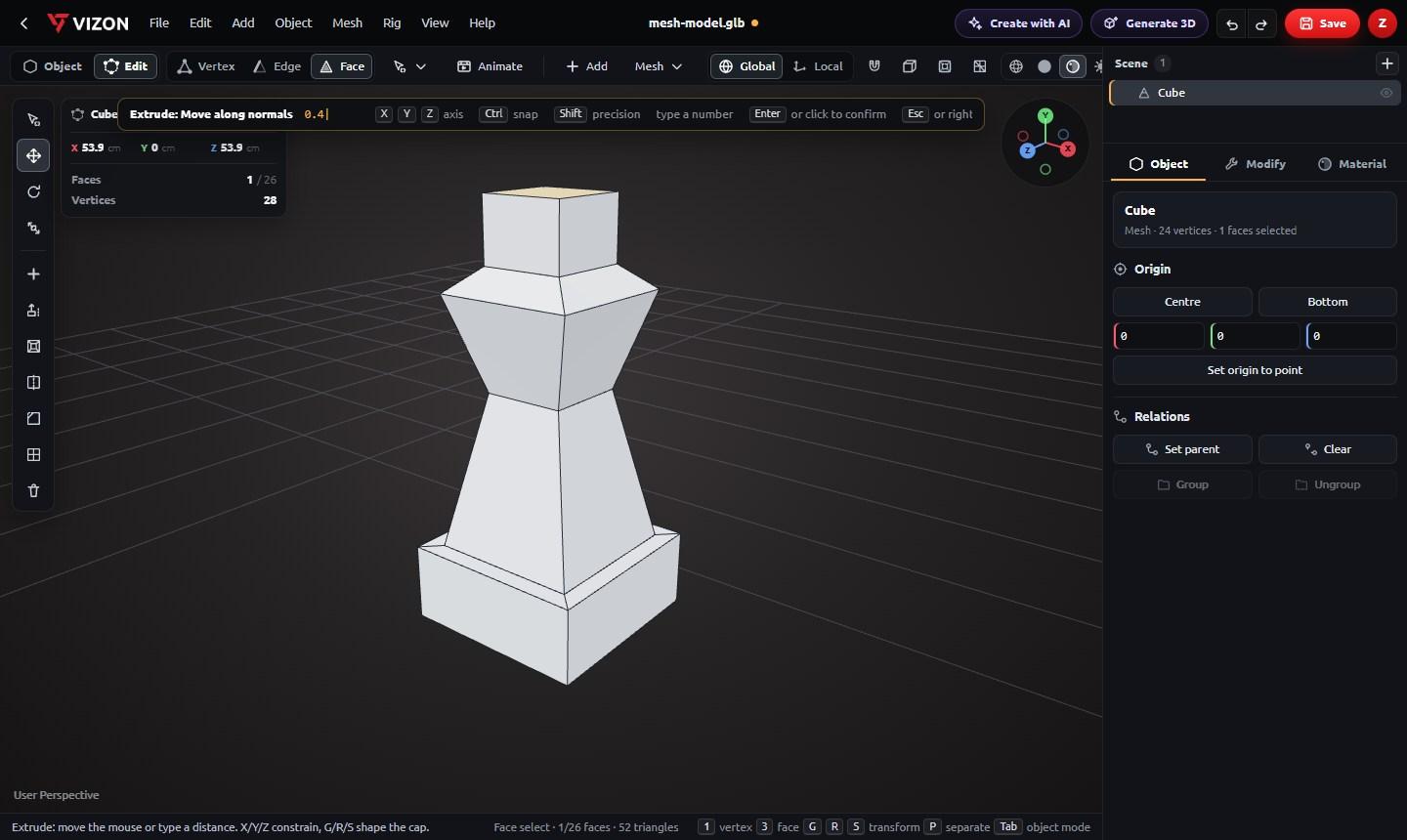 A chess-piece shape being built in VIZON Edit mode from a slab by inset, extrude and scale, with a live Extrude of 0.4 on its top face