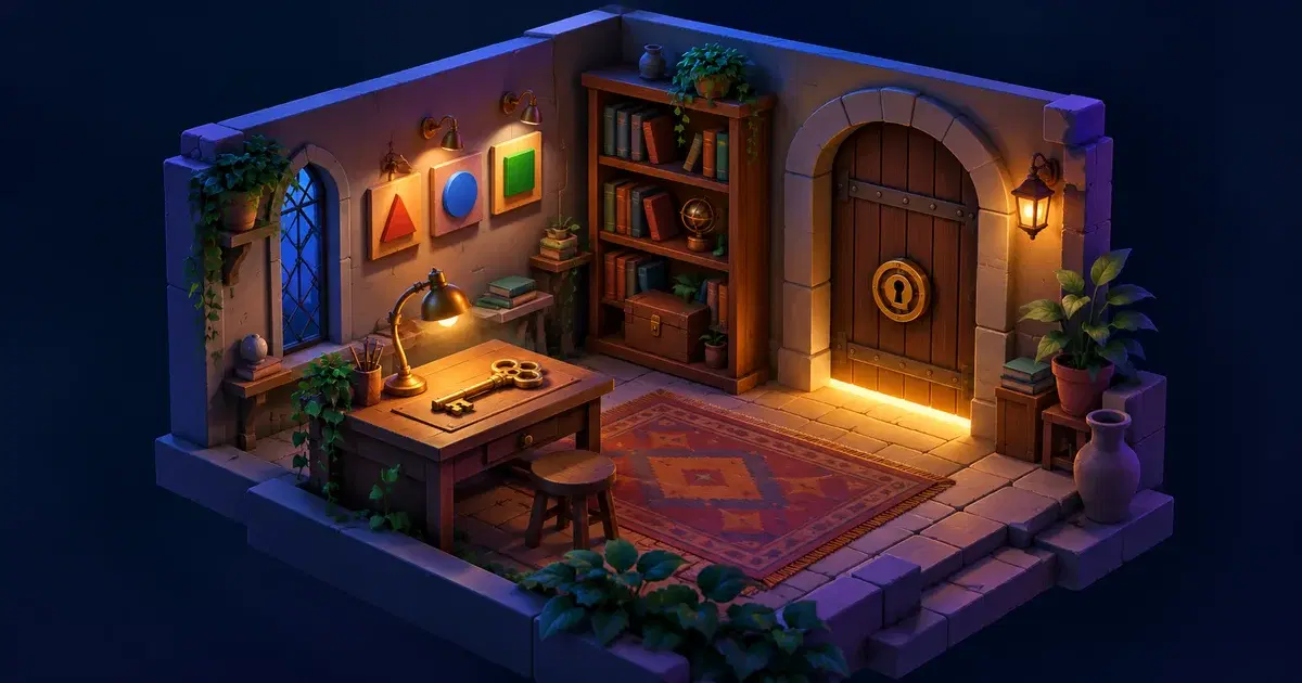 Concept illustration of a miniature escape room with three geometric clues, a brass key on a desk, and a locked wooden door.
