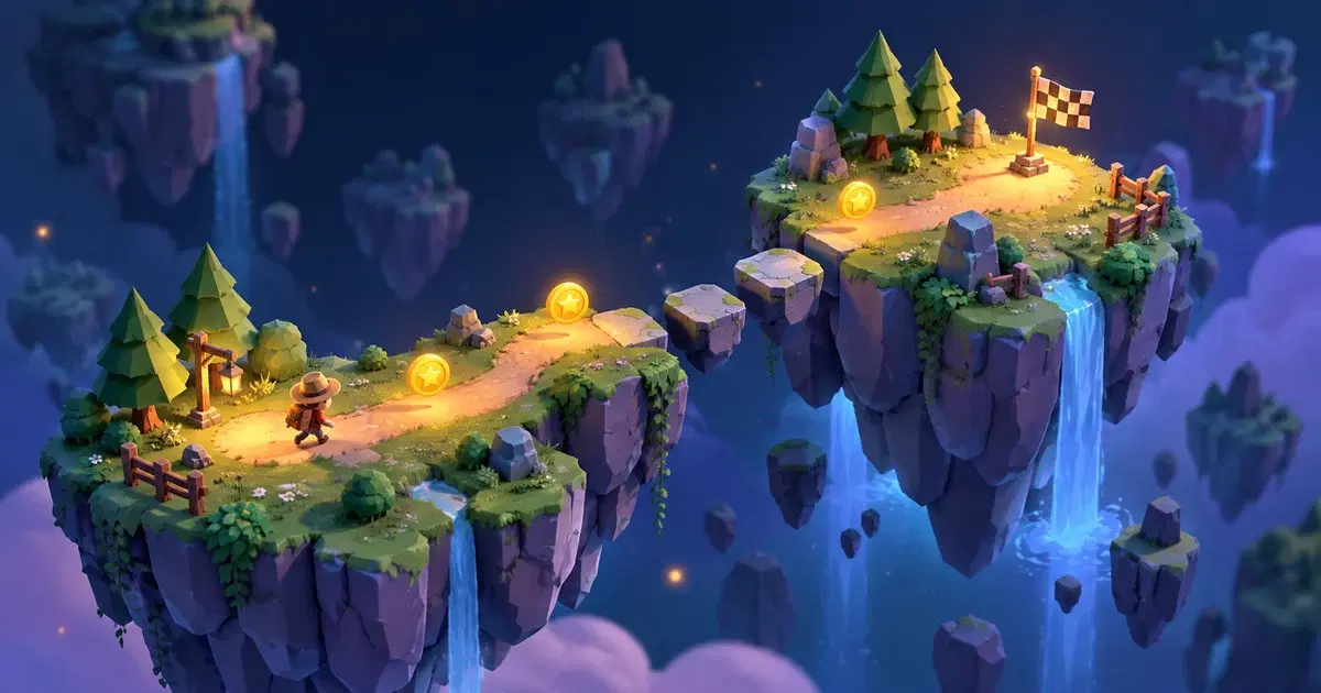 Concept illustration of a tiny floating-island obstacle course with collectible coins and a finish flag.
