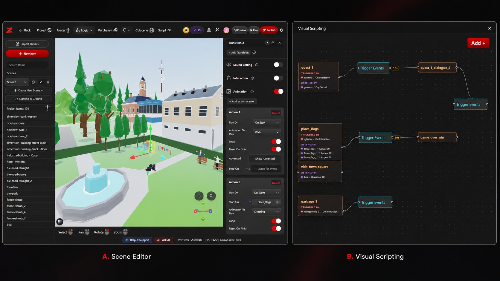 Wide screenshot of the Zimension browser editor, 3D viewport with a student's game scene, hierarchy panel, and no-code logic nodes