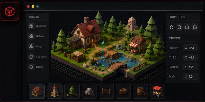 Isometric 3D scene editor with an asset library